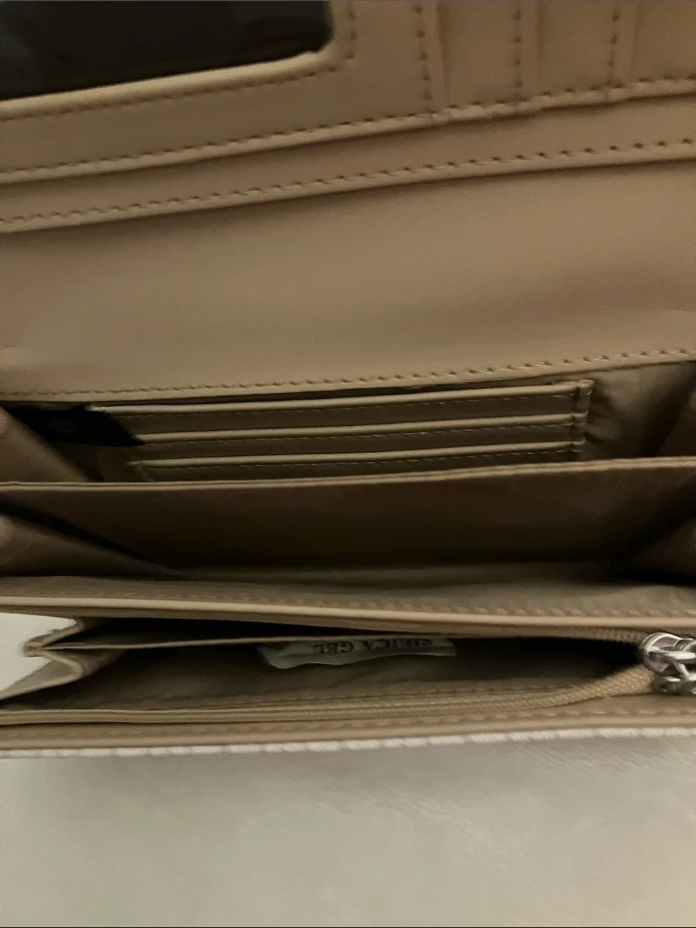 GUESS Beige and Tan Logo-Print Wristlet Clutch